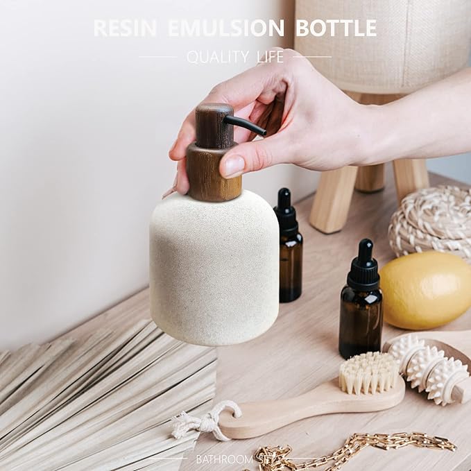 250ml Japanese Style Resin Soap Dispenser Bathroom, Easy to Fill Washing Up for Kitchen Sink, Refillable Shampoo and Conditioner Bottles with Wooden Pump
