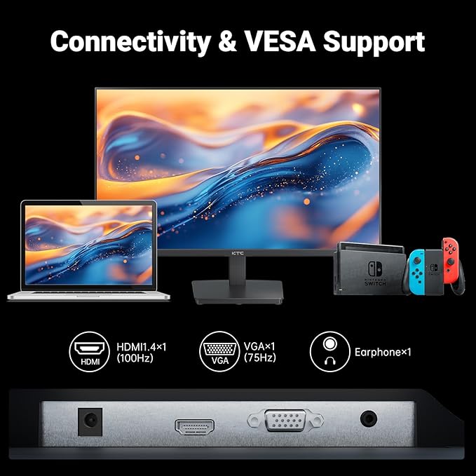 KTC 24 Inch FHD 1080P 100Hz Computer Monitor, VA Panel FreeSync PC Gaming Monitor, HDMI VGA Ports, HDR, 4000：1 Contrast, LowBlue Mode, Ergonomic Tilt Eye Care for Home Office