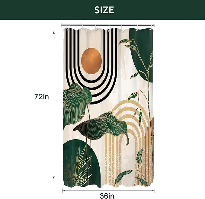 Glawry Small Stall Green 36Wx72L Inches Boho Mid Century Shower Curtain Abstract Retro Tropical Palm Tree Plant Sun Arch Minimalist Bathroom Modern Bath Accessories Art Home Decor Fabric 7 Pack Hooks