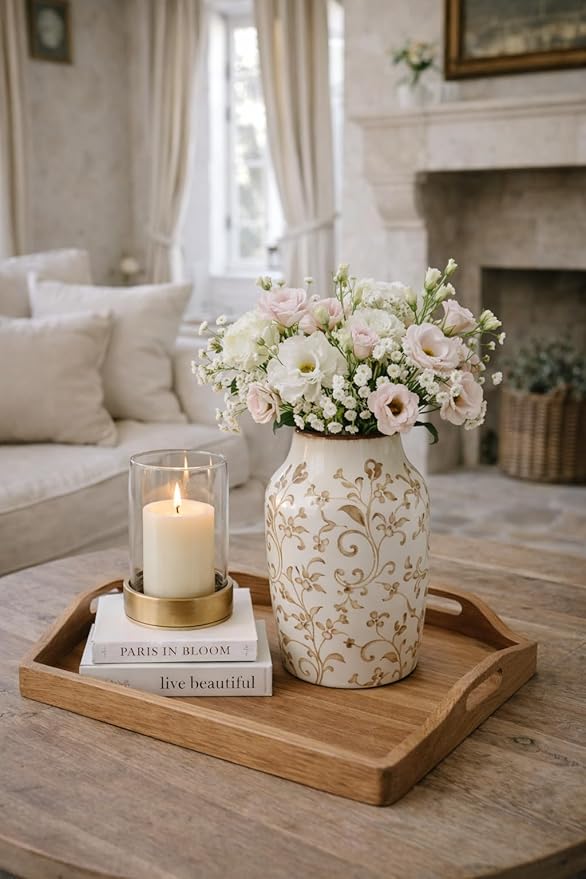 SIDUCAL Ceramic Vintage Vase, 7 Inch Retro Ice Cracked Chinoiserie Floral Vase, Rustic Farmhouse Vases for Home Decor, Bookshelf, Office, Garden, Chinoiserie Decor, Tuscan Decor, Brown Floral Pattern