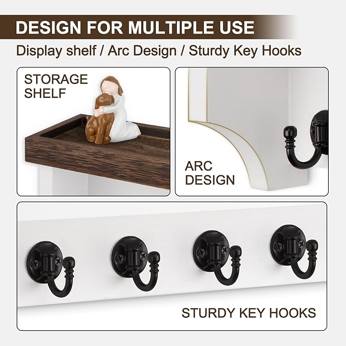 Lucundm Key and Mail Holder Wall Mount, Key Holder with Shelf and Mail Organizer Wall Mount. Mail Holder with 5 Hooks for Coat, Dog Leash, Home Decor Rack, Entry Way Organizer (Brown & White)
