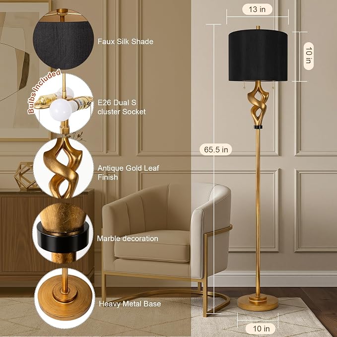 Scenekoy Sculptural 65.5” Floor Lamp for Living Room Bedroom, Antique Gold Leaf Finish & Resin Body, Pull Chains Switch Standing Lamp, Brightness Adjustable Corner Lamp with Bulb Prefer for Home Bar