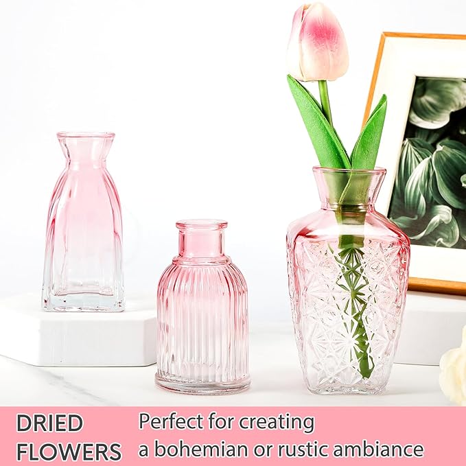 Glass Bud Vases Set of 12, 12Pcs Glass Bud Vases,Small Glass Vases for Centerpieces,Pink Vase for Flowers,Mini Vintage Flower Vase in Bulk for Rusti Wedding Home Room Office Table Decor(Pink)