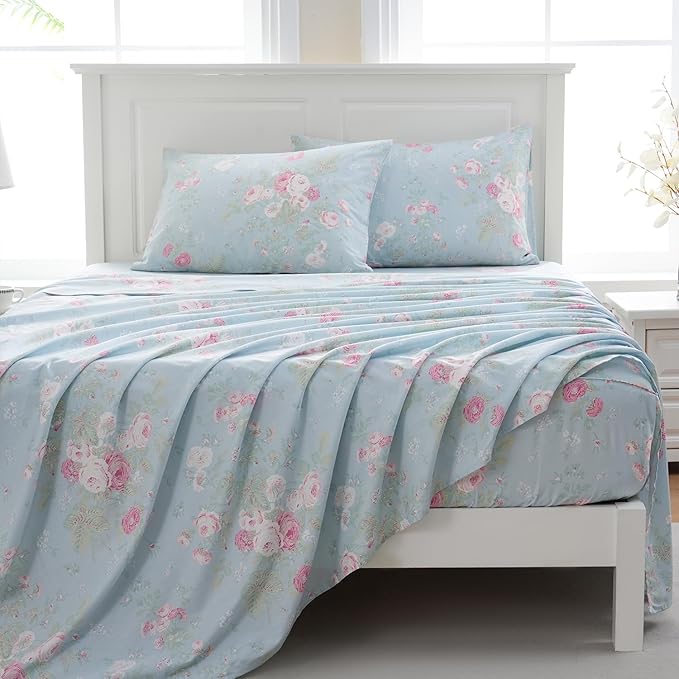 Zusbest Blue Floral Sheets Set King Size 100% Cotton Pink Flowers Bed Sheet Shabby Vintage Chic Bedding Romantic Pastoral Style Original Design Soft Luxury Deep Pocket Fitted Sheet 17.5'', 4 Pcs