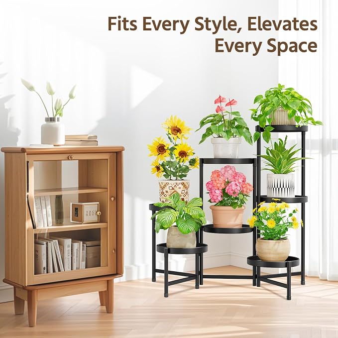 LASZOLA 7 Tier Large Plant Stand Indoor Tall with 10 Inch Metal Tray, Corner Folding Flower Display Rack, Modern Plant Holder Shelf for Outdoor Patio Porch Garden Office Living Room, Black