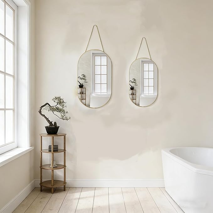 Oval Wall Mirror with Lanyard, High Definition Bathroom Mirror for Bathroom, Hallway, Living Room (Gold, 11.61x18.9inch)