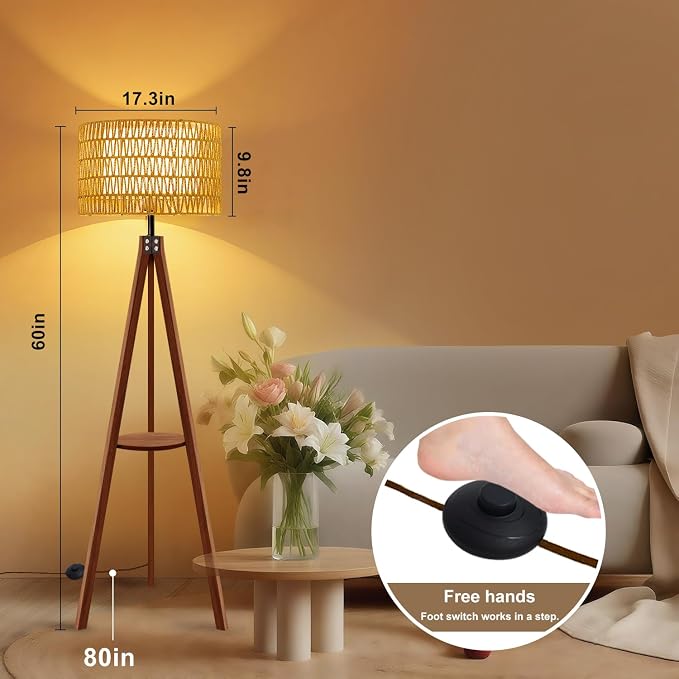 Rattan Wood Floor Lamp Tripod with Shelves, Mid Century Modern Floor Lamps for Living Room, 3 Color Temperatures with Foot Switch, Boho Standing Lamp for Bedroom Decor Walnut Brown Tall Lamps