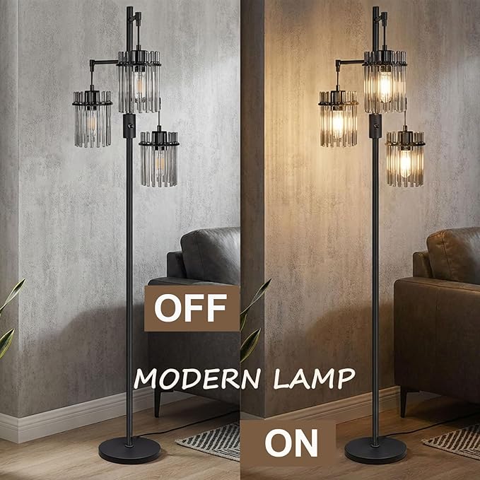 Industrial Floor Lamps for Living Room, Dimmable Floor Lamp Modern Standing Lamps with Glass Lampshade, Rotary Switch, LED Bulbs, Tall Lamps for Bedroom, Office (3 Lampshades(66inch))