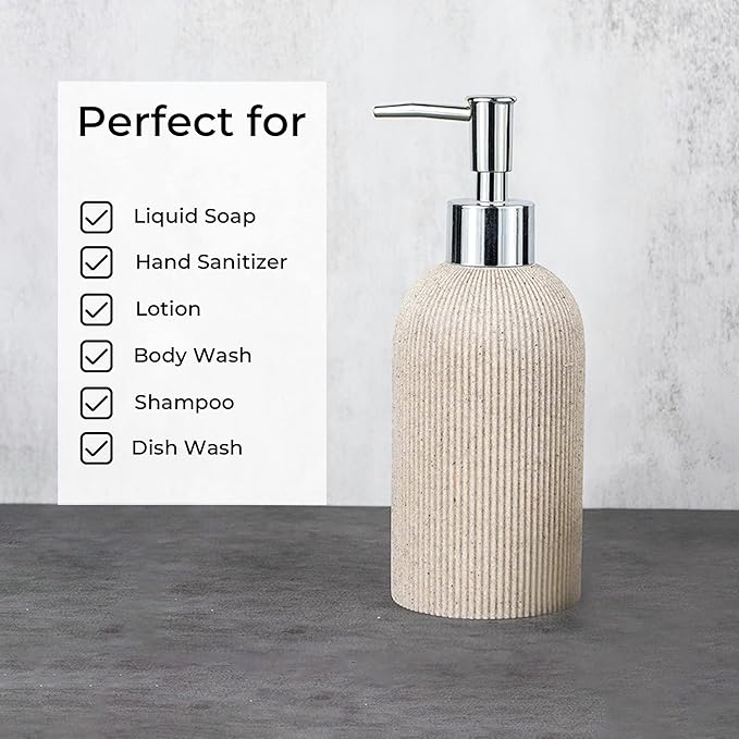 Sand Beige Hand Soap Dispenser for Bathroom and Kitchen with Pump, Luxury Farmhouse Style, Lotion, Dish Soap Dispenser, Sandstone Finish, Rust Proof, 7oz (Silver Pump)
