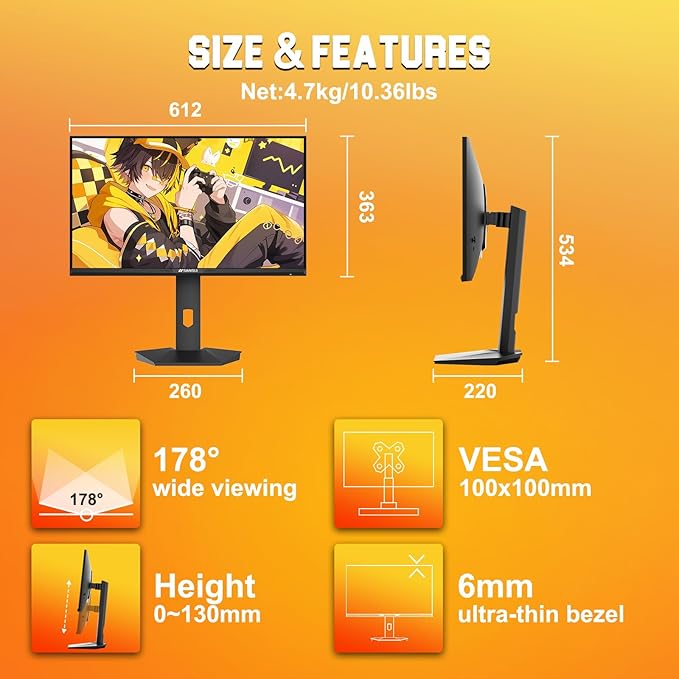 SANSUI 27 inch 1440p 300Hz 240Hz Gaming Monitor, WQHD Fast IPS 1ms Computer Monitor, FreeSync Premium | Brightness 400Nits | 130% sRGB | 10Bits | HDR | ErgoStand | VESA Mount | 2×DP 1.4 & 2×HDMI 2.1