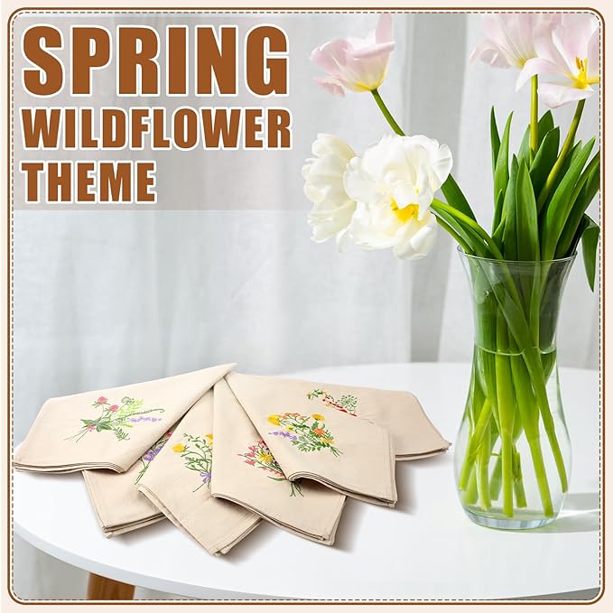 Tioncy 12 Pcs Christmas Floral Cloth Napkins Decorations Bulk Embroidered Wildflower Dinner Napkins Tea Cocktail Party Gifts Xmas Stocking Stuffers for Holiday Table Decor (Linen)