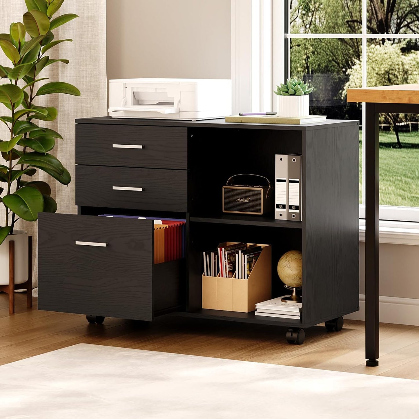 VINGLI 3 Drawer Wood Lateral File Cabinet - Adjustable Shelves & Locking Wheels | Sturdy Black Design for Home Office