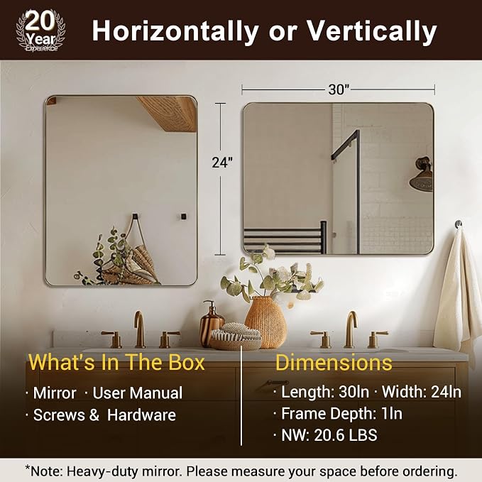 ANDY STAR Gold Bathroom Mirrors for Over Sink, 24x30 Inch Brushed Gold Wall Mirror, Rectangular Metal Framed Vanity Mirror -Modern Clean Design with Superior Stainless Steel Frame