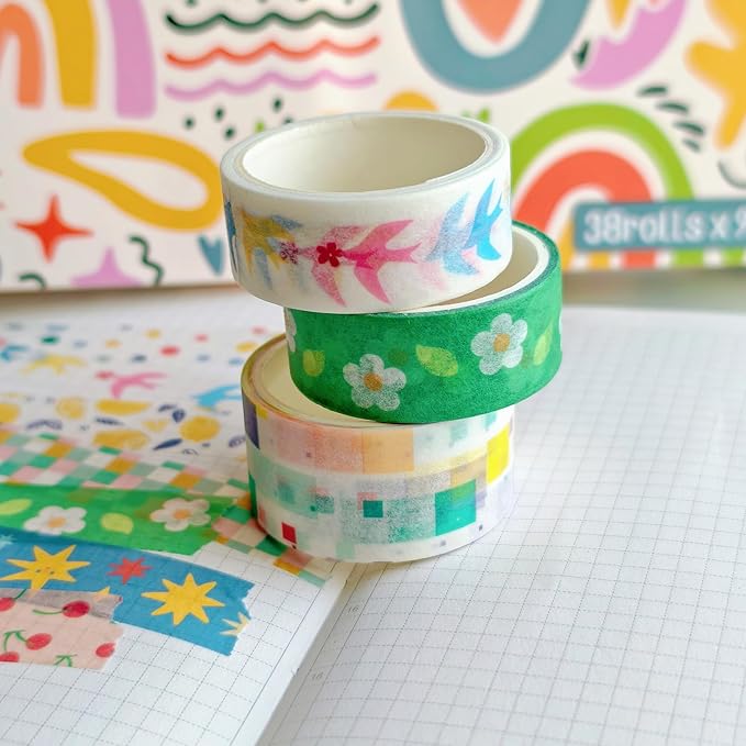 Bomichi 38 Rolls Washi Tape, Aesthetic Colored Decorative Cute Scrapbook Tape for Scrapbooking Supplies Journaling Craft Junk Journal