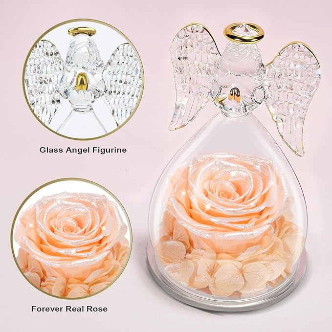 Yamonic Mom Birthday Gifts for Mom,Angel Figurines with Real Rose Gifts for Her Women Grandma, Preserved Flowers Rose Angel Figurines for Mothers Day Christmas Anniversary Wife Gifts(Pearl Champagne)