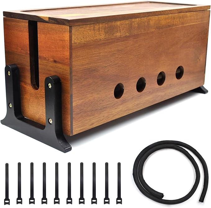 Large Cable Management Box, Wood Cord Hider Box & Organizer for Power Strip Hider Cable Storage for Office, TV Wires, Desk Cord Organizer, 14.1" x 6" x 6.3", Vintage Walnut