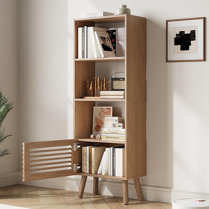 Small Narrow Corner Bookcase, 55" H Mid-Century Modern Bookshelf with Slatted Door, 4 Cube Bookcase with Open Shelf, Display Storage Cabinet for Living Room, Home Office, Oak