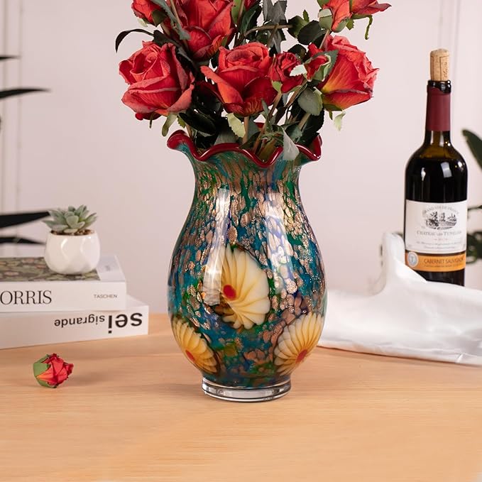 KAMMAK Colored Glass Vase, Beautiful Hand Blown Decorative Vase, Modern Art Vase for Flower Mantle Dining Table Centerpiece, Entryway Living Room Wedding Decoration, ZSLX002