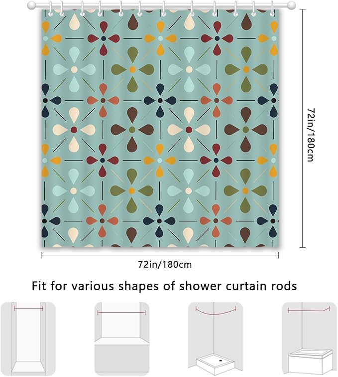 APROPHIC Mid Century Retro Shower Curtain 72x72 Inches, Vintage Geometric Pattern Bathroom Curtain with Hooks, Waterproof Polyester Fabric for Bath Shower, Machine Washable Home Decor for Bath, Green