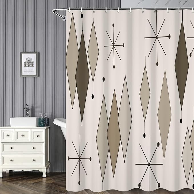 Boho Light Grey Brown Shower Curtain Abstract Mid Century Diamond Geometric Atomic Starburst Pattern Beige for 1950s Retro Bathroom Decor Shower Curtain Set with 12 Hooks, 72x78 Inches