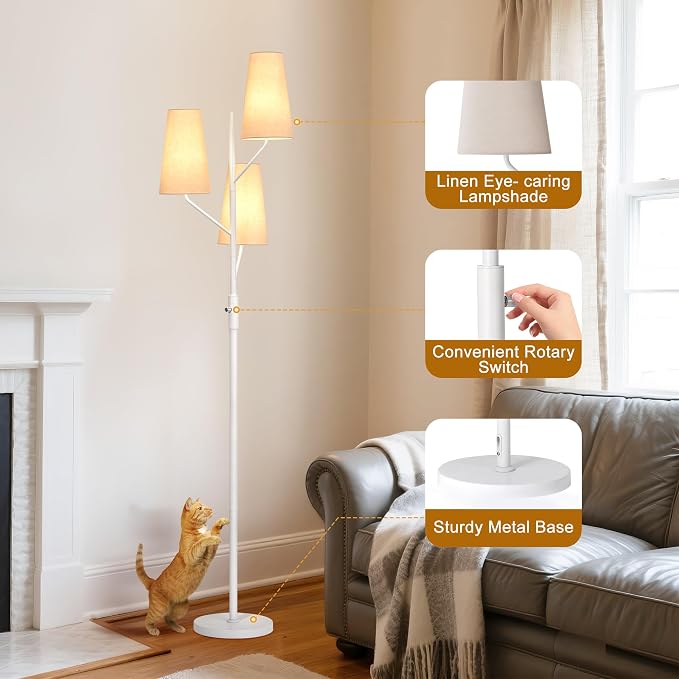 SRJJA Industrial Floor Lamp for Living Room, 70" Tall 3-Light Tree Standing Lamp with White Pole, Farmhouse Rustic Reading Floor Lamps for Bedroom, Office and Study(Bulb Not Included)