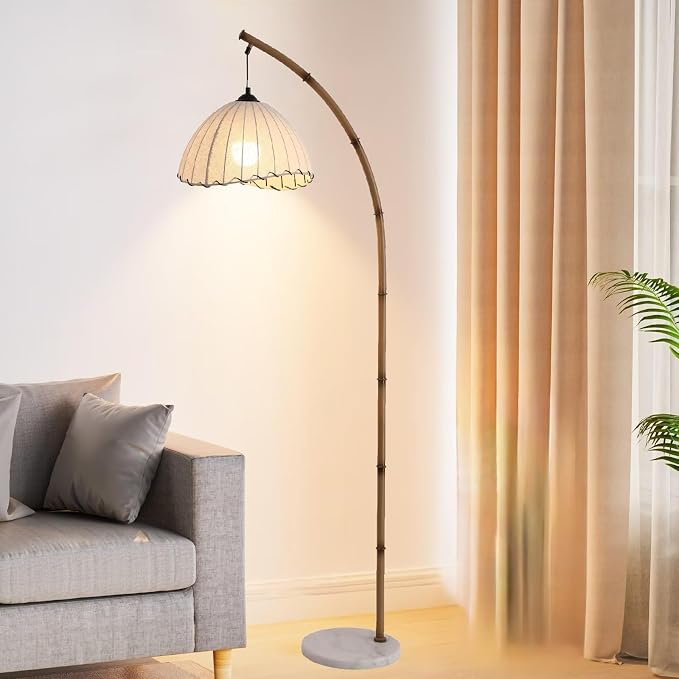 Bamboo Floor Lamp, Mid Century Rattan Retro Standing Light with 3 Color Temperatures, Bohemian Style LED Tall Lamp for Living Room Bedroom Office