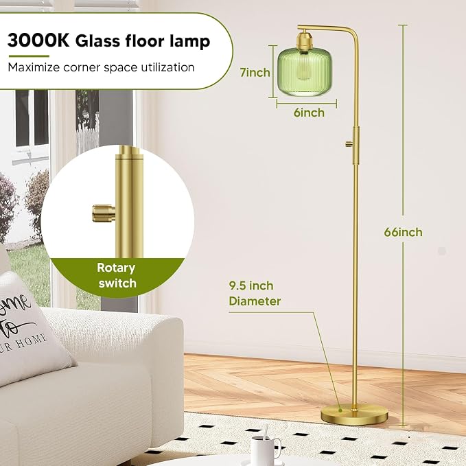 Glass Floor Lamp for Living Room, Modern Standing Lamp with Green Ribbed Glass Lampshade&Brushed Gold, Stepless Dimmable Rotary Switch, 66” Tall Lamp & Gold Floor Lamp for Bedroom Study Room