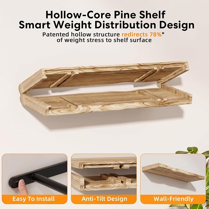 Solid Wood Live Edge Floating Shelves Set of 2 – 24" Rustic Wall Shelf with Hidden Bracket System, Wall Mounted Shelves for Bathroom, Kitchen, Living Room, Bedroom (Light Toasted Brown)