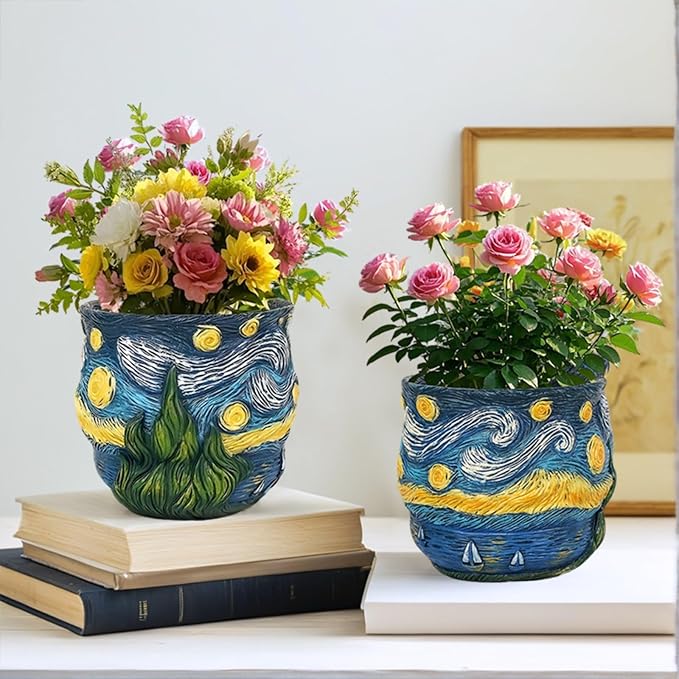Van Gogh Inspired Planter Pots Cute Unique Starry Night Theme Flower Pots for Indoor Plant Acolorful Art Resin Vase for Home Desk Decoration