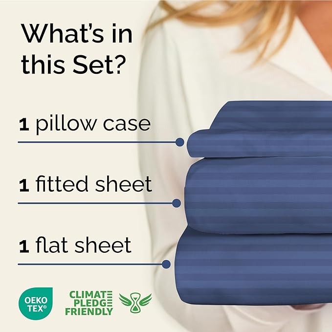 Striped Sheets - Blue Striped Sheets - 1 Flat & 1 Fitted & 1 Pillowcase w/ Deep Pockets – Comfy, Wrinkle & Fade Free - Soft, Breathable and Cooling – Luxury Pinstripe Bedding - Twin XL Size Bed Set