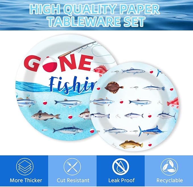 Gone Fishing Birthday Party Plates and Napkins Decorations Kit, Ofishally One Fisherman Tableware Supplies for Birthday Little Fisherman Favors Party Decor Service 24 Guests