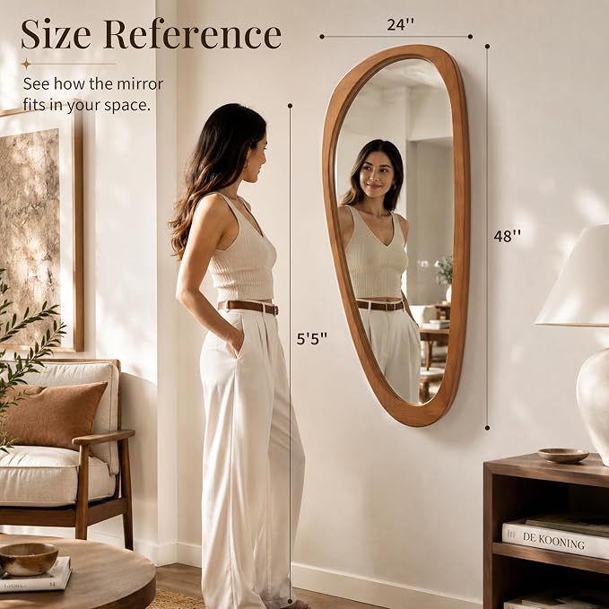 Solid Wood 48"x24" Large Aesthetic Wabi-Sabi Statement Mirror, Warm Walnut Full Length Irregular Mirror, Modern Organic Asymmetrical Wooden Wall-Mounted Mirror, Honey Walnut