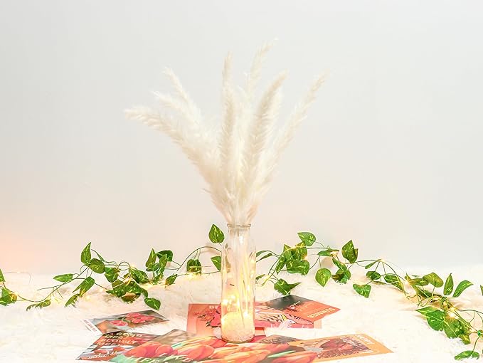 White Pampas Grass in Glass Vase with LED Lights & Faux Crystals, Dried Flowers Modern Floral Centerpiece for Home Decors Living Room Office Wedding Boho Farmhouse Table Decor