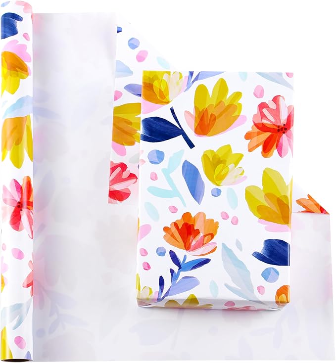 Miss DuiDui Foral Gift Wrapping Paper Rolls, 17 inch x 32.8 feet, Multi-Color - Watercolor Flower Design for Birthday, Bridal Shower, Mother's Day, Birthday, Wedding, Party, Holiday