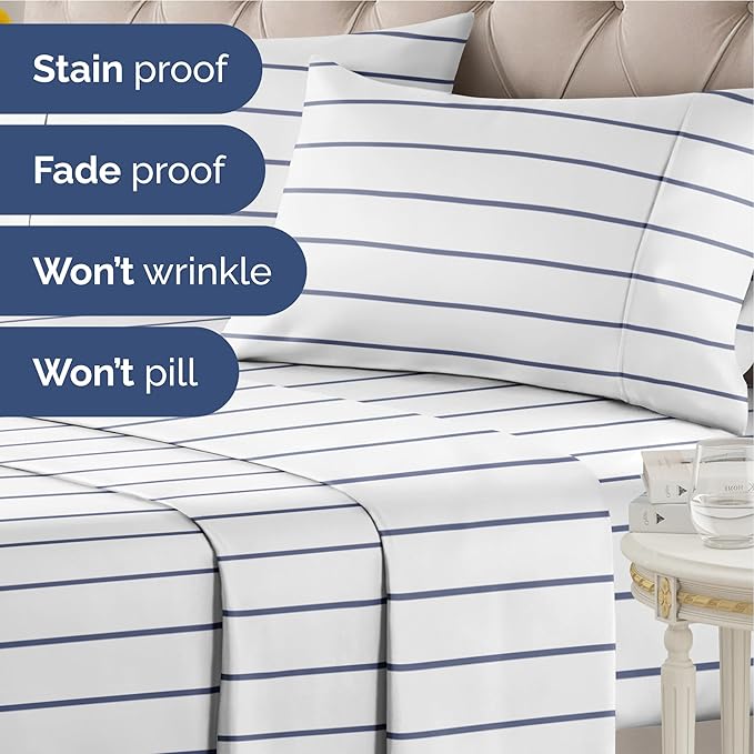 Striped Sheets - Navy Blue & White Striped Sheets - 1 Flat & 1 Fitted & 1 Pillowcase w/ Deep Pockets – Wrinkle & Fade Free - Soft Breathable & Cooling – Luxury Pinstripe Bedding - Twin XL Size Bed Set