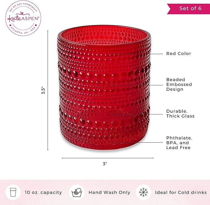 Kate Aspen Retro Arch Floral Red Drinking Glasses Set of 6, 10 oz Vintage Ribbed Glass Cups, Christmas Glassware & Holiday Drinkware, Valentine’s Day & Holiday Hostess Gift