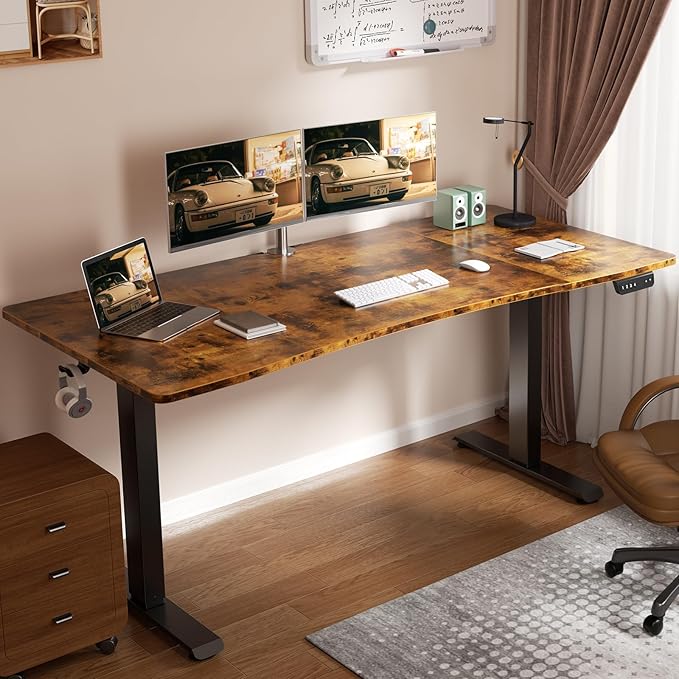 Veken 63 x 28 Inch Electric Standing Desk with Adjustable Height, Sit to Stand Computer Table for Study, Work or Gaming, Home Office Desk Brown