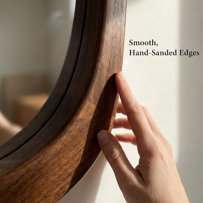 Solid Wood 30"x20" Irregular Asymmetrical Wall Mirror, Japandi Boho Mid-Century Modern Decorative Accent Mirror, Small Organic Shaped Wooden Wall-Mounted Mirror, Dark Walnut