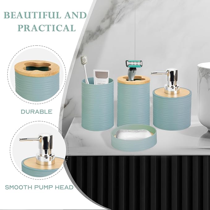 4 Pieces Bamboo Bathroom Accessories Set, Bathroom Accessory Set with Soap Dispenser and Toothbrush Holder, Soap Dish and Toothbrush Cup, Boho Bathroom Decor(Aqua)
