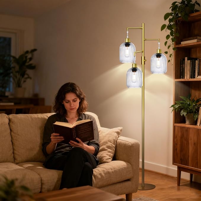 Modern Standing Lamps for Living Room, Floor Lamp with Clear Ribbed Glass Shade, Dimmable Tree Lamp Standing Lamp, Mid Century Tall Lamps with 3×600LM LED Bulbs