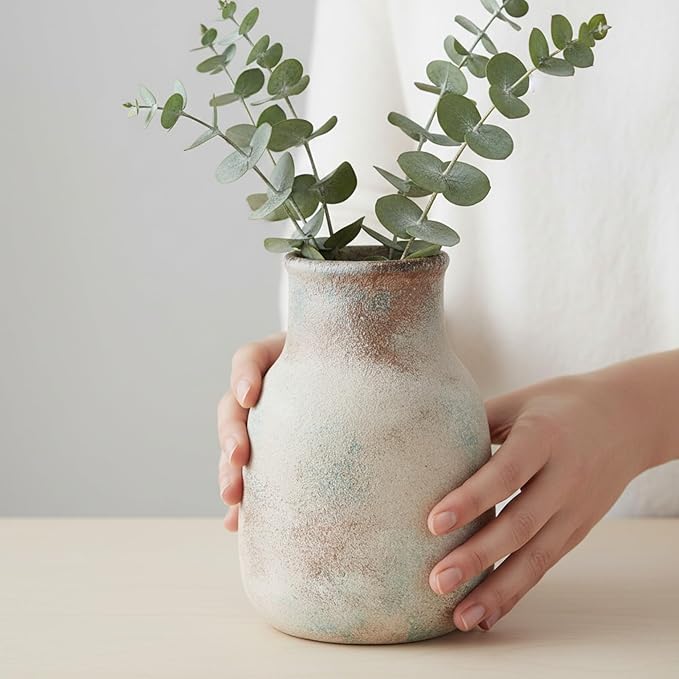 Ceramic Rustic Farmhouse Vase,8.5 Inch Flower Vase Home Decor Vintage Pottery Decorative Vases for House,Living Room Handmade Terracotta Vases Decor for Kitchen,Bedroom,Mantel,Book Shelf,Office,Coffee