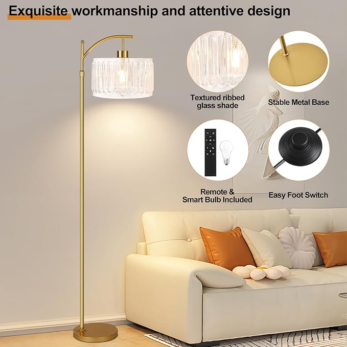 QIYIZM Glass Floor Lamp for Living Room,Bedroom,Gold Dimmable Standing Lamp with Remote,Brass White Tall Lamp Boho Mid Century Modern Floor Lamps Arc Floor Light Lamp Girls Kids Bohemian