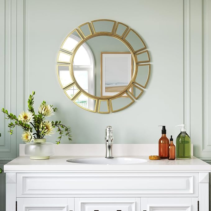 CozyDH Retro Gold Sunburst Mirror Decor - 24 inch Round Wall Mirror Decorative with Metal Frame Modern Bohemian Sun Art Decor Mirror for Entryway Bedroom Living Room Hallway Bathroom Fireplace