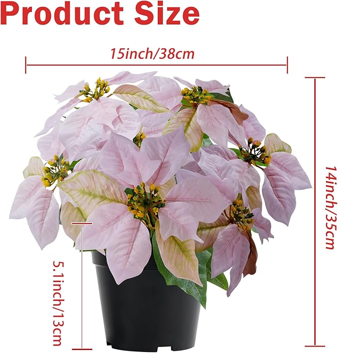 Artificial Pink Poinsettia Plant - 14Inch Faux Christmas Flowers for Indoor Outdoor Xmas Porch Garden Decorations
