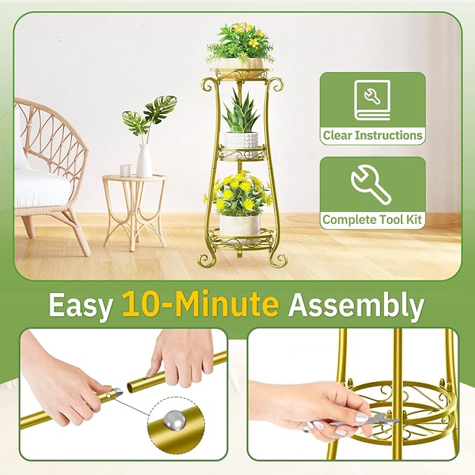 KMOTASUO 3 Tier Metal Plant Stand for Multiple Large Planters Indoor Outdoor Organizer, Heavy Duty Tall Flower Rack for Corner Patio Bathroom Office Corner, Modern Sturdy Vertical Iron Rack, Gold