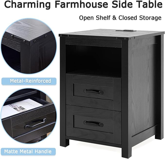 Farmhouse Living Room Table Set of 3, 2 Drawer Dresser End Table with Charging Station and 1 Coffee Table with Large Hidden Storage, Farmhouse Coffee Table Set for Living Room, Office, Black