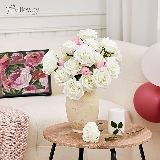 20PCS Artificial White Roses, 3.9'' Silk Flower Head Fake White Rose with Long Stems, Realistic Faux Roses Bouquet for DIY Wedding Home Party Office Decoration