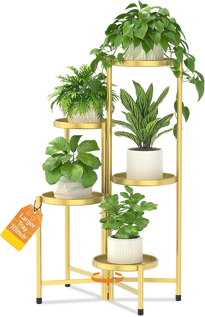 LASZOLA 5 Tier Large Plant Stand Indoor Tall with 10 Inch Metal Tray, Corner Folding Flower Display Rack, Modern Plant Holder Shelf for Outdoor Patio Porch Garden Office Living Room, Gold