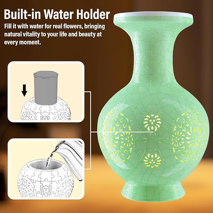 3D Puzzle Vase, 160 Curved Pieces DIY Flower Vase Craft Kit & 3D Puzzles for Adults, Creative Jigsaw Art Project Home Décor Centerpiece, (C-Jade Floral Carving)