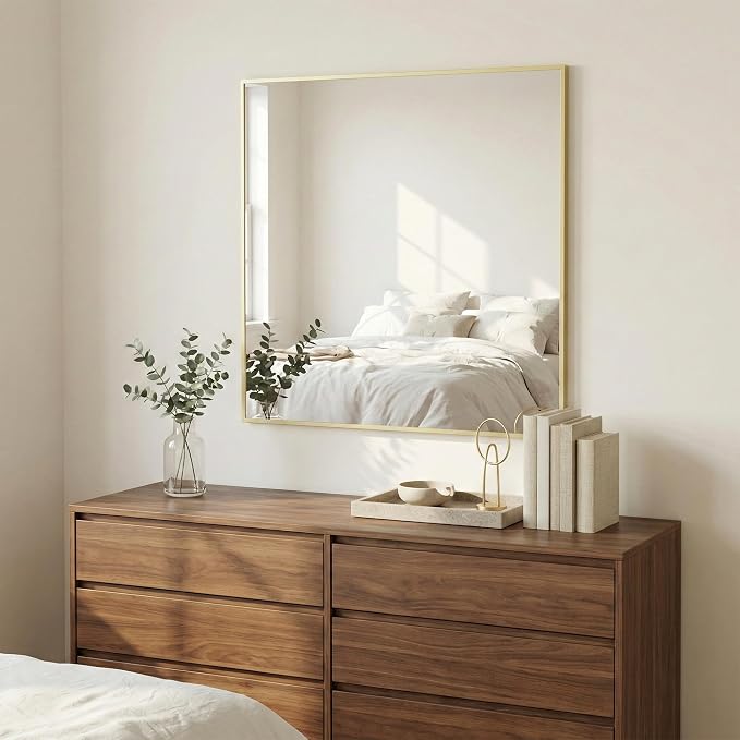 30"x30" Square Gold Bathroom Mirror, Shatterproof Tempered Glass, Brass Tone Geometric Narrow Frame, Ultra-Flush Wall-Mounted